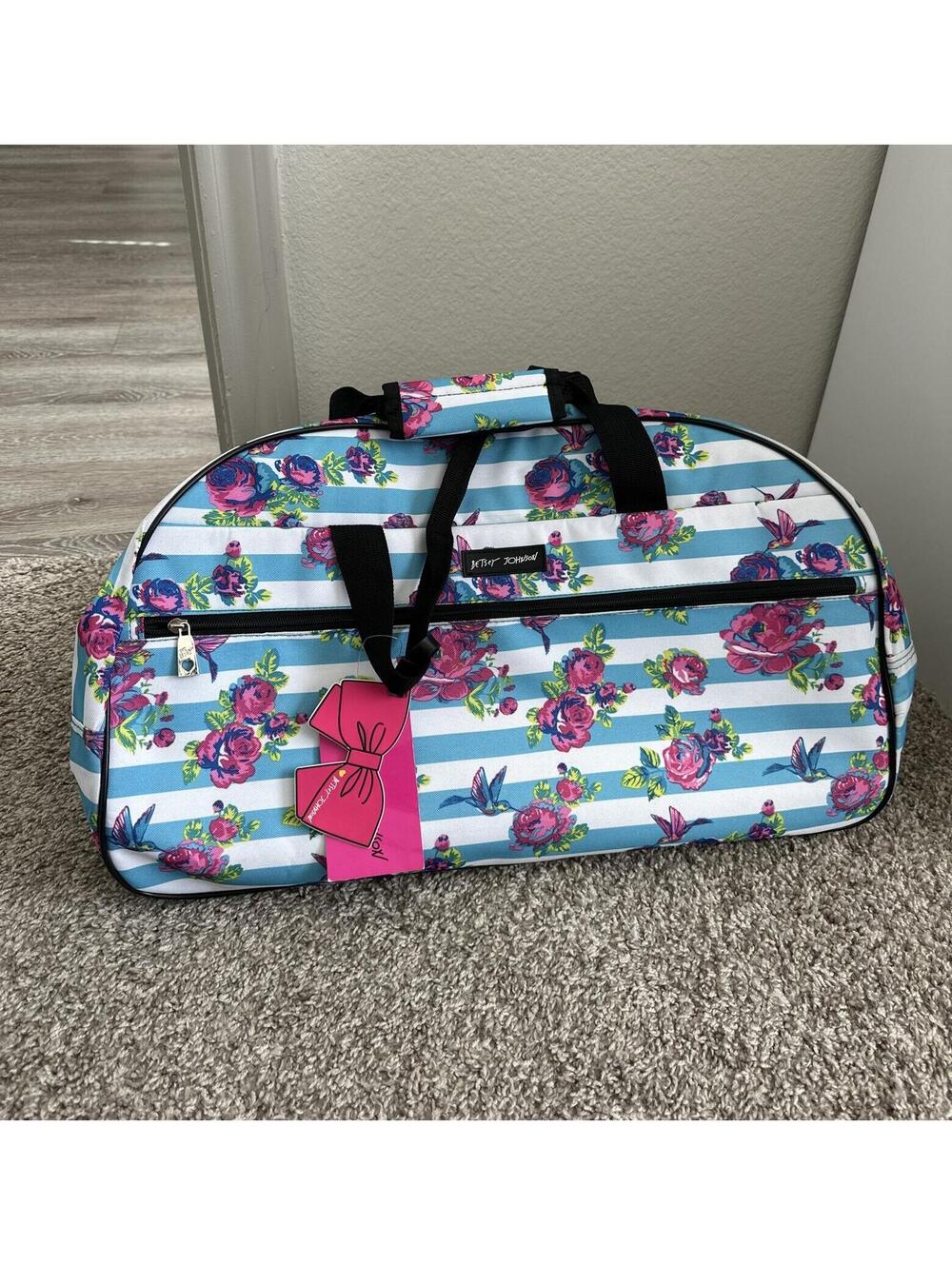 Betsey Johnson Designer Carry-On Luggage Roller Duffle Bag 22” Striped Floral